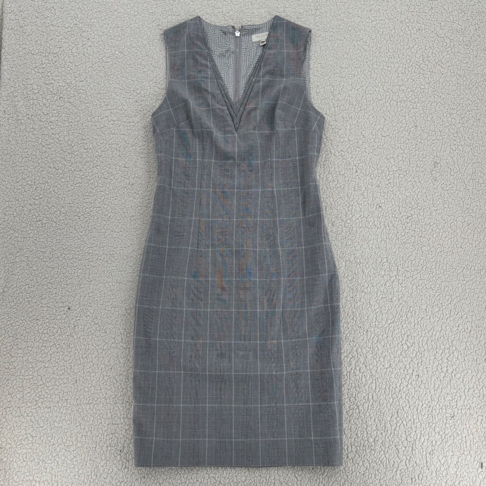 Ted Baker London Avriild Sheath Dress Women Size 2 6 US Grey Glen Plaid V-Neck